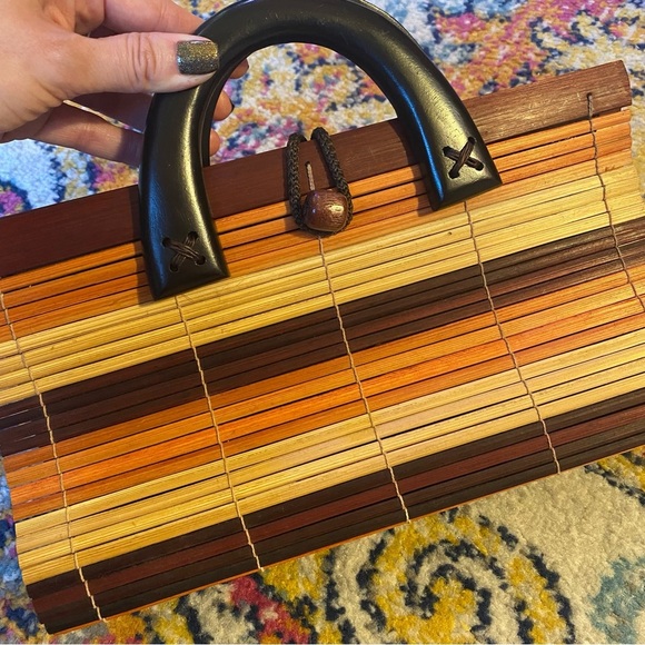 Vintage Wooden Bamboo Slatted Double Handle purse/Handbag - Picture 4 of 6